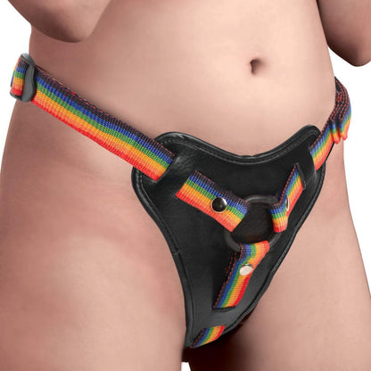 Rainbow Universal Harness with adjustable straps, padded front, silicone O-rings, and wide back strap for support. Perfect for pegging and strap-on play.

rainbow strap-on harness, pegging harness, universal harness, adjustable strap-on, padded strap-on harness, silicone O-ring harness, pride strap-on, heavy dildo support harness, rainbow nylon harness, strap-on for pegging.