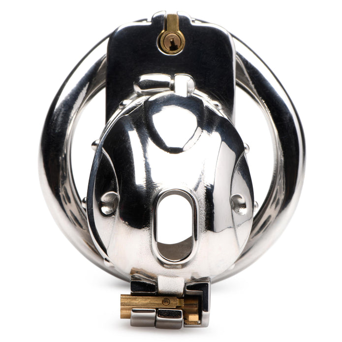 Stainless steel Deluxe Locking Chastity Cage with customizable ball rings and caps, ideal for extended chastity play. Keywords: deluxe chastity cage, stainless steel chastity cage, locking chastity device, BDSM chastity play, adjustable chastity cage, metal chastity cage, nickel-free chastity cage, cum-thru chastity cap, durable BDSM gear, long-term chastity device, secure locking chastity cage, male chastity cage, Master series chastity cage.