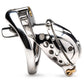 Stainless steel Deluxe Locking Chastity Cage with customizable ball rings and caps, ideal for extended chastity play. Keywords: deluxe chastity cage, stainless steel chastity cage, locking chastity device, BDSM chastity play, adjustable chastity cage, metal chastity cage, nickel-free chastity cage, cum-thru chastity cap, durable BDSM gear, long-term chastity device, secure locking chastity cage, male chastity cage, Master series chastity cage.