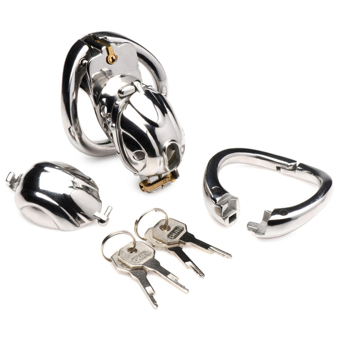 Stainless steel Deluxe Locking Chastity Cage with customizable ball rings and caps, ideal for extended chastity play. Keywords: deluxe chastity cage, stainless steel chastity cage, locking chastity device, BDSM chastity play, adjustable chastity cage, metal chastity cage, nickel-free chastity cage, cum-thru chastity cap, durable BDSM gear, long-term chastity device, secure locking chastity cage, male chastity cage, Master series chastity cage.