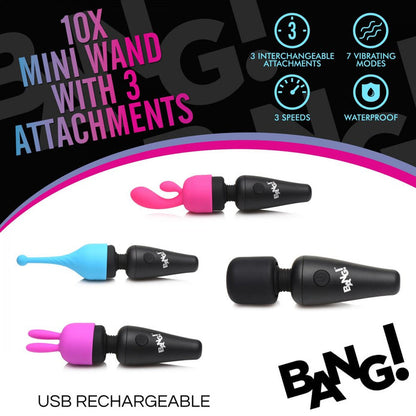 Mini wand vibrator with 3 speeds, 7 patterns, and three attachments for versatile pleasure.
Keywords: compact wand vibrator, travel-friendly vibrator, silicone wand with attachments, 3-speed wand vibrator, 7-pattern vibrator, pinpoint attachment wand, rabbit-style attachment wand, body-safe silicone vibrator, rechargeable mini wand, splashproof mini wand.