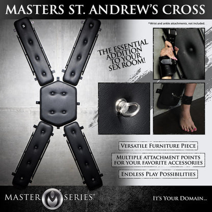 Wall-mounted St. Andrew's Cross with plush PVC padding, multiple attachment points, and compact design. Keywords: wall-mounted St. Andrew's Cross, space-saving BDSM cross, padded St. Andrew's Cross, wall-mounted kink furniture, PVC leather BDSM cross, compact BDSM cross, bondage cross with attachment points, discreet BDSM furniture, St. Andrew's Cross for small spaces, durable BDSM cross.