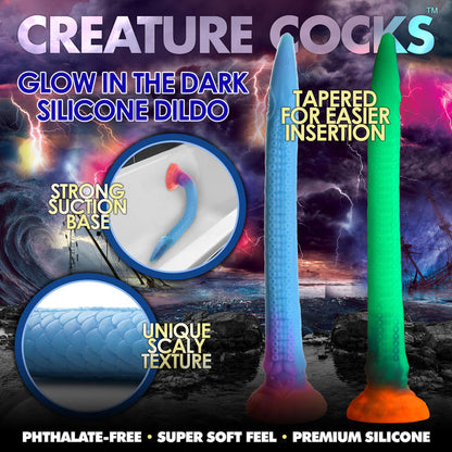 Sea Snake Fantasy Anal Hose, glowing silicone anal toy with suction cup base and strap-on compatibility.

 glowing silicone dildo, mystical anal toy, aquatic creature anal dildo, harness-compatible anal toy, suction cup anal toy, long insertable dildo, phthalate-free silicone anal toy, glittery fantasy dildo, mythical anal toy.

