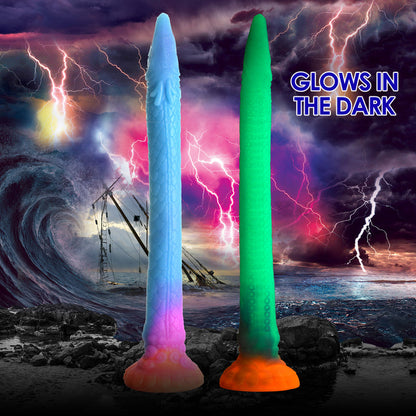 Sea Snake Fantasy Anal Hose, glowing silicone anal toy with suction cup base and strap-on compatibility.

 glowing silicone dildo, mystical anal toy, aquatic creature anal dildo, harness-compatible anal toy, suction cup anal toy, long insertable dildo, phthalate-free silicone anal toy, glittery fantasy dildo, mythical anal toy.

