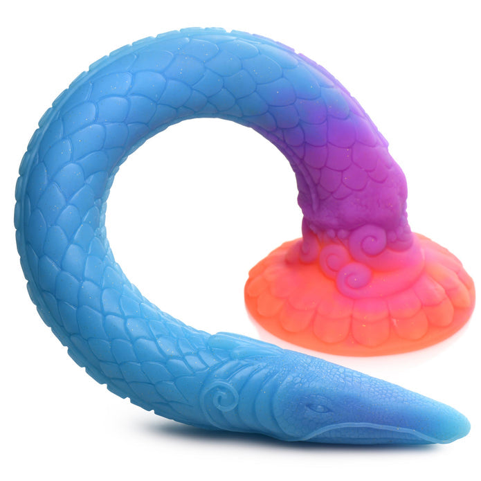 Sea Snake Fantasy Anal Hose, glowing silicone anal toy with suction cup base and strap-on compatibility.

 glowing silicone dildo, mystical anal toy, aquatic creature anal dildo, harness-compatible anal toy, suction cup anal toy, long insertable dildo, phthalate-free silicone anal toy, glittery fantasy dildo, mythical anal toy.

