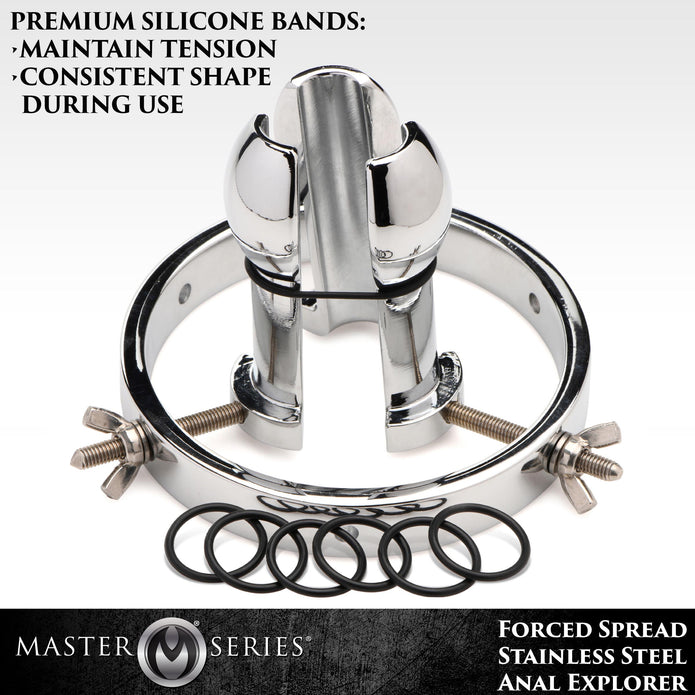 Stainless steel anal expander with adjustable plug from 1.6 to 3.8 inches, fisting-friendly center ring, and 6 silicone O-rings for extreme anal play.

