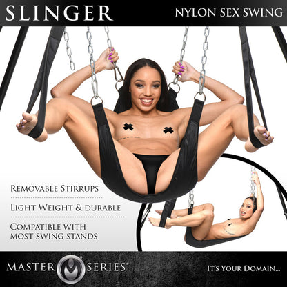 Durable Nylon Sex Swing with removable stirrups, carabiners, and a lightweight, vegan-friendly design that supports up to 661 lbs. Compatible with most swing stands.

