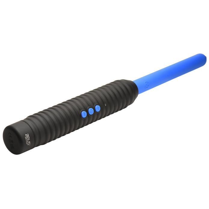 Zeus Electrosex Pinpoint Zapping Wand with two shock levels. Compact, black and blue ribbed handle for control. Perfect for intense sensory play.  Keywords: electrosex wand, Zeus zapping wand, BDSM e-stim tool, pinpoint electro wand, sensory play zapper, e-stim intensity wand, ribbed handle wand, portable electrosex toy, Zeus electro gear, electrical sensory toy.