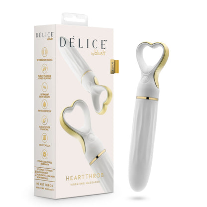 A chic, heart-shaped vibrator with 10 vibration modes, a tapered tip, and a gold-accented handle. Made from soft silicone, it’s splashproof, USB rechargeable, and compact for travel. 
Keywords: Delice vibrator, heart-shaped handle, chic vibrator, Puria silicone, UltraSilk finish, splashproof vibrator, USB rechargeable, travel-friendly vibrator, 10 vibration modes, compact vibrator, body-safe silicone, giftable vibrator