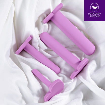 Blush Wellness Silicone Dilator Set, 4-piece progressive vaginal dilators with UltraSilk® smooth Puria™ silicone, heart-shaped bases, and rounded tips.
vaginal dilator set, progressive silicone dilators, UltraSilk dilators, Puria silicone dilator kit, hypoallergenic dilators, heart-shaped base dilators, comfortable vaginal dilators, Blush Wellness dilator set, vaginal health tools, smooth silicone dilators.