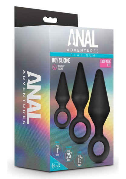 Anal Adventures Platinum Silicone Loop Plug Kit A product image of the Anal Adventures Platinum Silicone Loop Plug Kit by Blush Novelties. The packaging displays three black tapered plugs with loop bases in small, medium, and large sizes, made from 100% silicone with a smooth finish.