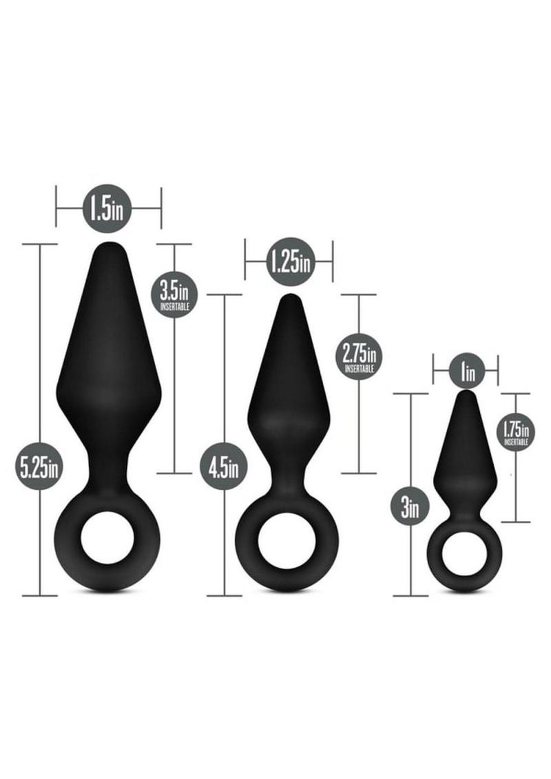 Anal Adventures Platinum Silicone Loop Plug Kit - Black - Set Of 3 Sizes Small plug 3 inches, Medium plug 4.5 inches and Large plug 5.25 inches. Insertable length inches 1.75 inches, 2.75 inches, 3.5 inches. Width 1 inch,1.25 inches, 1.5 inches. Circumference 3 inches, 4 inches, 4.75 inches.