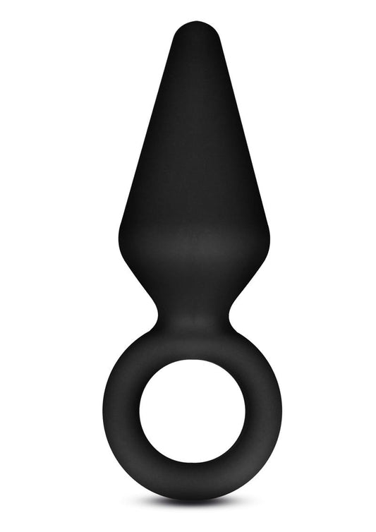 Anal Adventures Platinum Silicone Loop Plug - Black - Small Black silicone loop plug from the Anal Adventures Platinum series, shown with a focus on its flexible and tapered design for easy insertion and retrieva