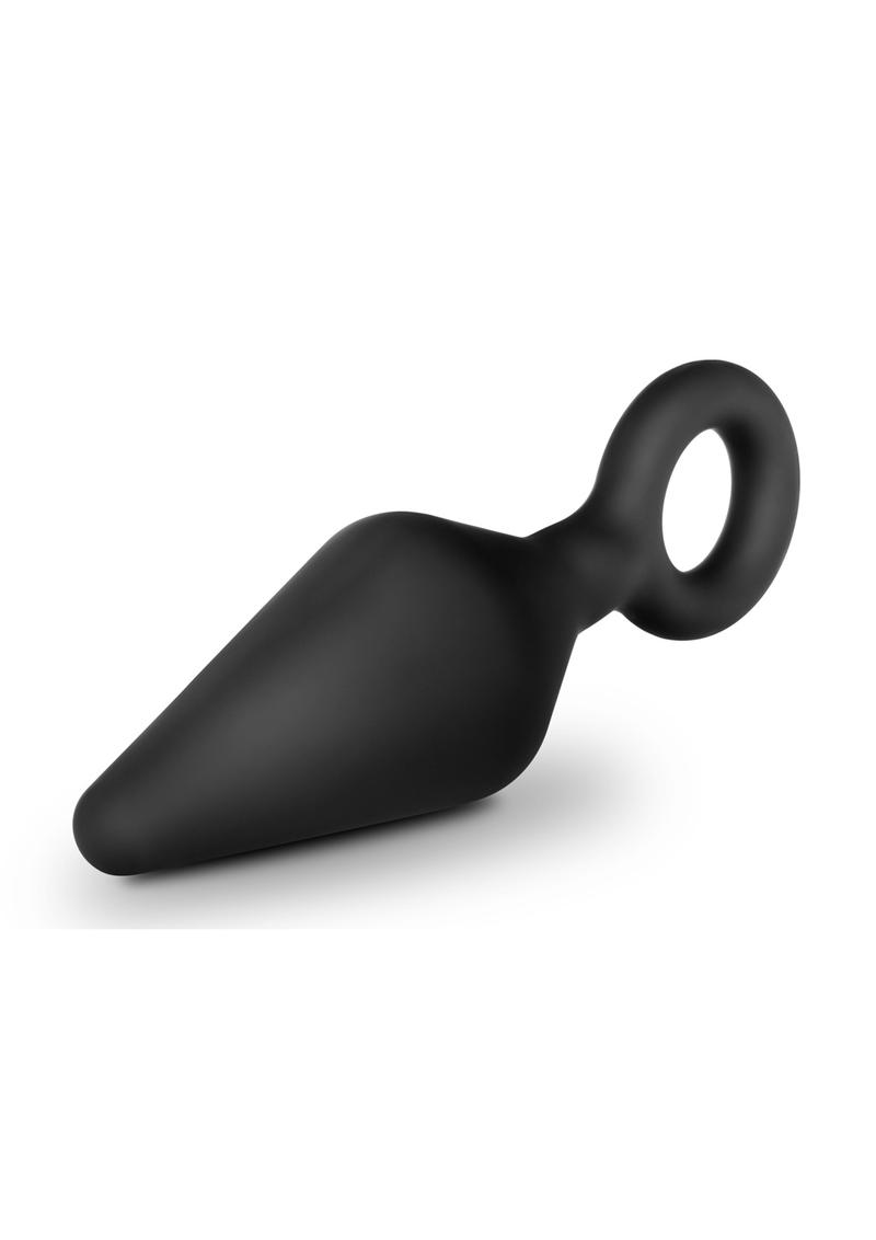  Black silicone loop plug from the Anal Adventures Platinum series, shown with a focus on its flexible and tapered design for easy insertion and retrieval.