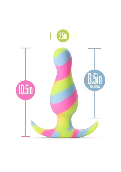 The Avant Kaleido Lime Butt Plug displayed on its side, highlighting its colorful swirls, AnchorTech™ base, and StayPut™ design for secure use.