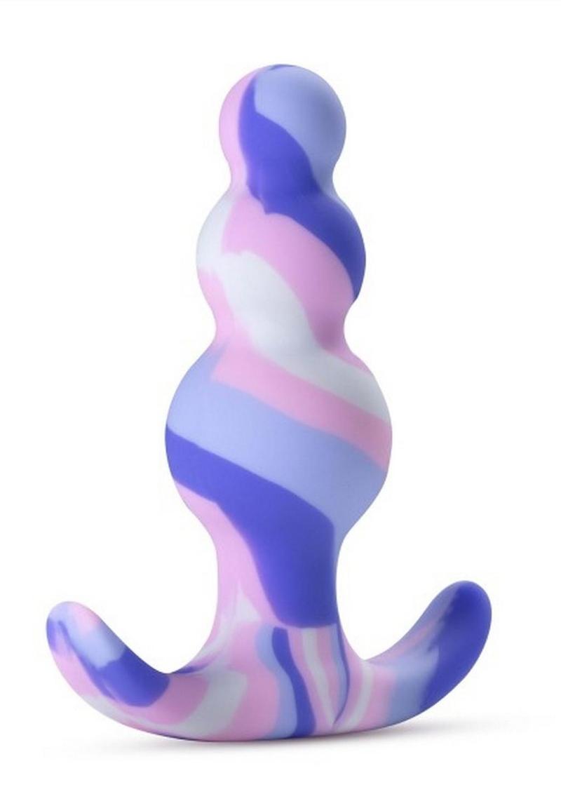 Avant Twilight Blue Silicone Anal Plug - Blue/White The Avant Twilight Butt Plug in vibrant blue, pink, and white swirls, featuring a tapered head and three pleasure curves for enhanced sensations.