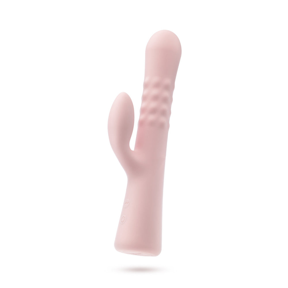 Pink rabbit vibrator with pulsating textured shaft, dual stimulation, and waterproof silicone design for G-spot and clitoral pleasure.
Keywords: rabbit vibrator, Jaymie vibrator, pulsating shaft, G-spot vibrator, clitoral stimulation, dual-stimulation vibrator, waterproof vibrator, USB rechargeable, platinum-cured silicone, soft silicone vibrator, expanding shaft, body-safe vibrator, 9.25-inch vibrator