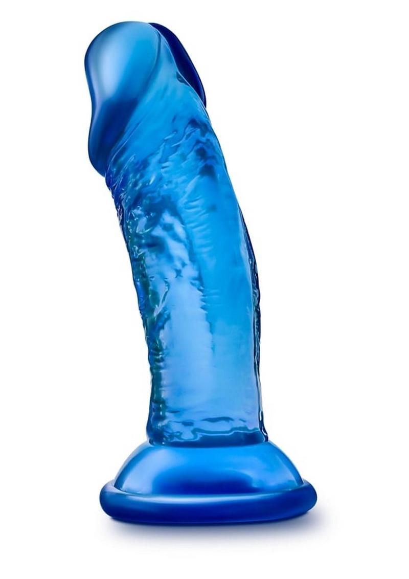 B Yours Sweet N' Small Dildo with Suction Cup - Blue - 4.5in Compact, 4-inch suction cup dildo in pink, blue, or purple; body-safe, beginner-friendly, and harness compatible. Keywords: Sweet N' Small dildo, 4-inch dildo, compact suction cup dildo, beginner-friendly dildo, harness compatible dildo, phthalate-free dildo, body-safe PVC dildo, pink suction cup dildo, blue suction cup dildo, purple suction cup dildo, realistic small dildo, easy to clean dildo, non-porous PVC dildo

