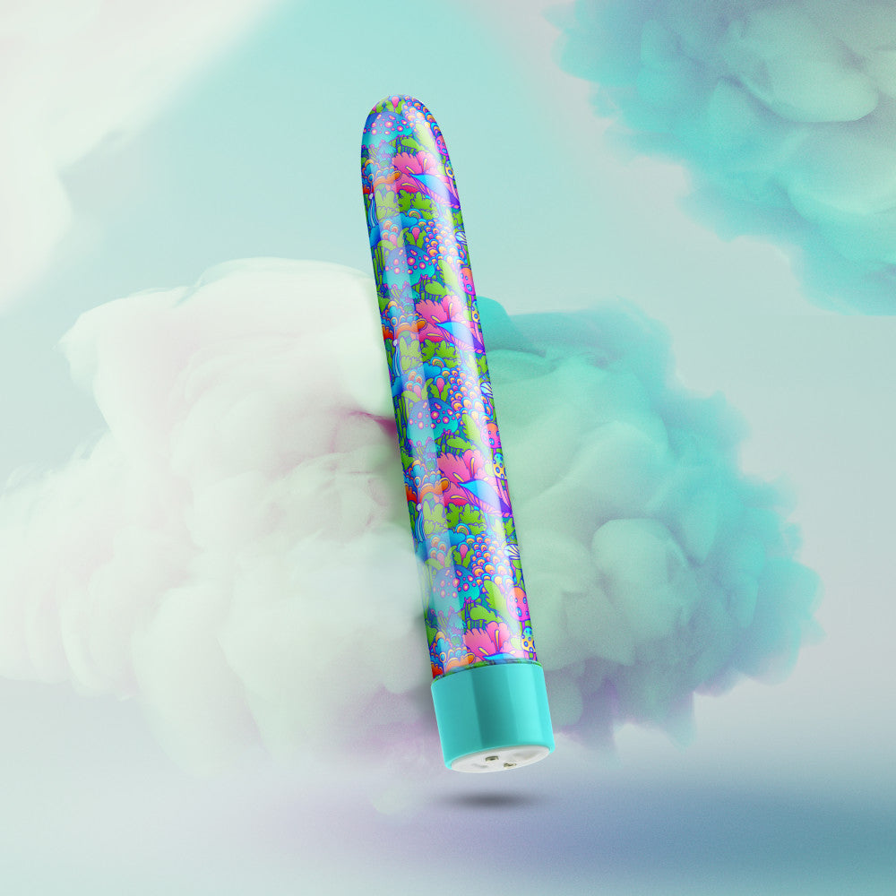 A set of three vibrators featuring psychedelic teal, mushroom-themed blue, and floral cannabis purple designs with customizable vibrations and waterproof functionality.

Keywords: psychedelic vibrator, slimline G-spot vibrator, RumbleTech vibrator, mushroom design vibrator, cannabis-inspired vibrator, waterproof sex toy, USB rechargeable vibrator, colorful vibrator, body-safe sex toy, stylish vibrators.