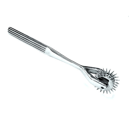 Wartenberg Pinwheel, three-head sensory pinwheel, nickel-plated pinwheel, BDSM sensory play tool, medical-themed roleplay pinwheel, stainless steel pinwheel handle, pain/pleasure play tool, spiked sensory wheel, beginner BDSM sensory tool, advanced BDSM tools, nickel-plated Wartenberg wheel, versatile sensory pinwheel, medical fetish play toy, ridged grip sensory pinwheel, durable BDSM pinwheel, sensory teasing tool, spiked wheel for sensory play, compact sensory exploration tool, beginner-friendly BDSM acc