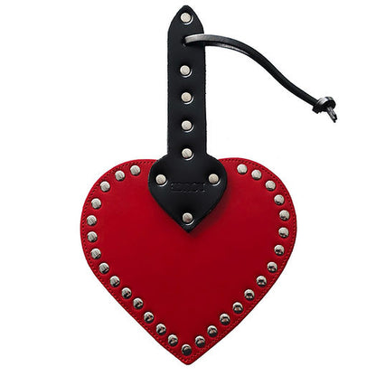 Heart-shaped leather spanking paddle with riveted studs, wrist strap, and genuine cowhide leather in pink, black, or red.

heart-shaped paddle, leather spanking paddle, genuine leather paddle, impact play paddle, heart impression paddle, luxury bondage paddle, studded spanking paddle, pink leather paddle, black leather paddle, red leather paddle, handcrafted BDSM paddle.