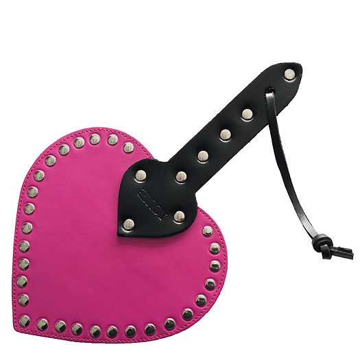 Heart-shaped leather spanking paddle with riveted studs, wrist strap, and genuine cowhide leather in pink, black, or red.

heart-shaped paddle, leather spanking paddle, genuine leather paddle, impact play paddle, heart impression paddle, luxury bondage paddle, studded spanking paddle, pink leather paddle, black leather paddle, red leather paddle, handcrafted BDSM paddle.