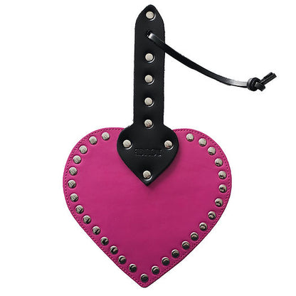 Heart-shaped leather spanking paddle with riveted studs, wrist strap, and genuine cowhide leather in pink, black, or red.

heart-shaped paddle, leather spanking paddle, genuine leather paddle, impact play paddle, heart impression paddle, luxury bondage paddle, studded spanking paddle, pink leather paddle, black leather paddle, red leather paddle, handcrafted BDSM paddle.