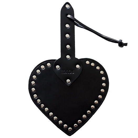 Heart-shaped leather spanking paddle with riveted studs, wrist strap, and genuine cowhide leather in pink, black, or red.

heart-shaped paddle, leather spanking paddle, genuine leather paddle, impact play paddle, heart impression paddle, luxury bondage paddle, studded spanking paddle, pink leather paddle, black leather paddle, red leather paddle, handcrafted BDSM paddle.