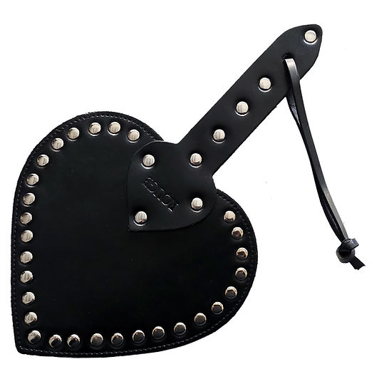 Heart-shaped leather spanking paddle with riveted studs, wrist strap, and genuine cowhide leather in pink, black, or red.

heart-shaped paddle, leather spanking paddle, genuine leather paddle, impact play paddle, heart impression paddle, luxury bondage paddle, studded spanking paddle, pink leather paddle, black leather paddle, red leather paddle, handcrafted BDSM paddle.