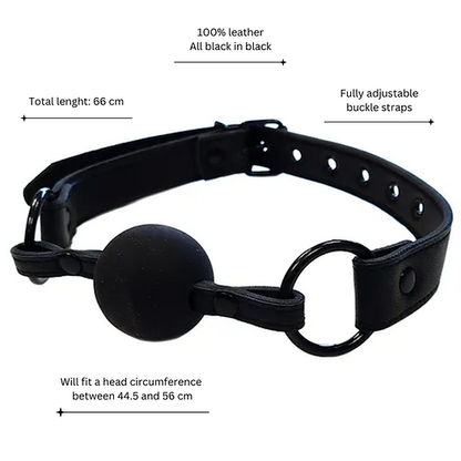 All-black leather ball gag with adjustable buckle strap and rubber ball for BDSM play.

leather ball gag, adjustable ball gag, BDSM accessories, bondage gear, all-black ball gag, 100% leather gag, rubber ball gag, head circumference 44.5–56 cm, BDSM restraints