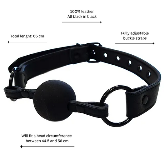 All-black leather ball gag with adjustable buckle strap and rubber ball for BDSM play.

leather ball gag, adjustable ball gag, BDSM accessories, bondage gear, all-black ball gag, 100% leather gag, rubber ball gag, head circumference 44.5–56 cm, BDSM restraints