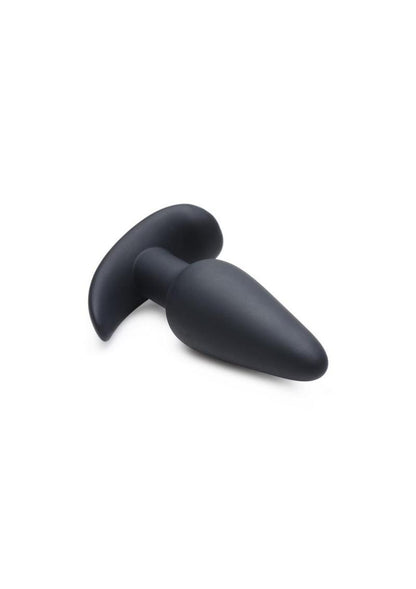 Bang! 21x Vibrating Silicone Rechargeable Butt Plug with Remote Control - Black  A selection of colorful silicone butt plugs (pink, blue, purple, black), with a remote control displayed in the center.