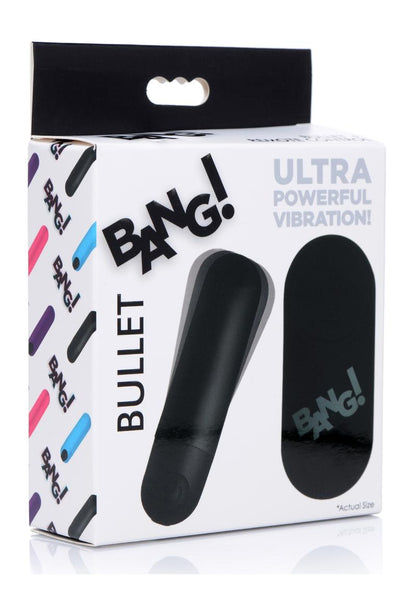 Bang! Vibrating Bullet with Remote Control - Black Bang Bullet Vibrator with 3 speeds, 7 patterns, wireless remote, and waterproof design.

Keywords: Bang Bullet Vibrator, vibrating bullet, remote control vibrator, compact vibrator, waterproof bullet vibe, rechargeable bullet vibrator, body-safe silicone vibrator, small but powerful vibrator, Bang! sex toys, partner play vibrator.