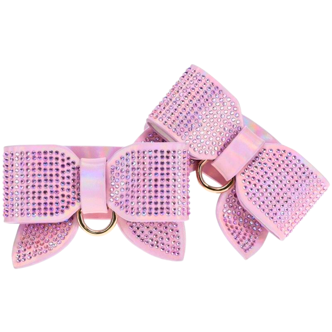 Adjustable ankle cuffs with rhinestone bows and gold chain leash, available in iridescent black, pink, and blue for stylish BDSM play.