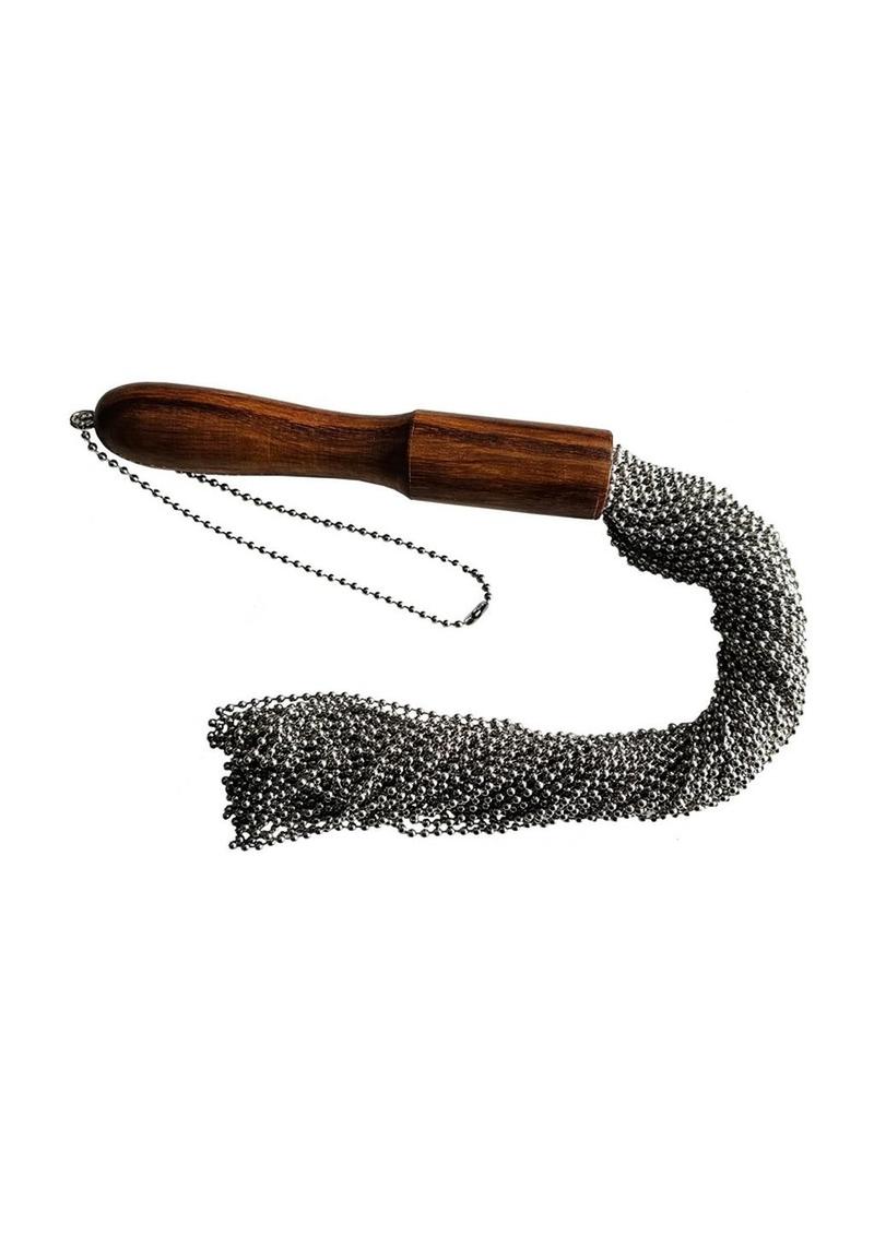 Beaded Metal Flogger - Metal Wooden handle flogger with metal chain tails, ideal for BDSM sensation and impact play. Keywords: wooden handle flogger, metal chain flogger, BDSM flogger, sensation play flogger, impact flogger, advanced BDSM tools, BDSM sensation toy, metal flogger whip, dual-purpose flogger, BDSM chain flogger.