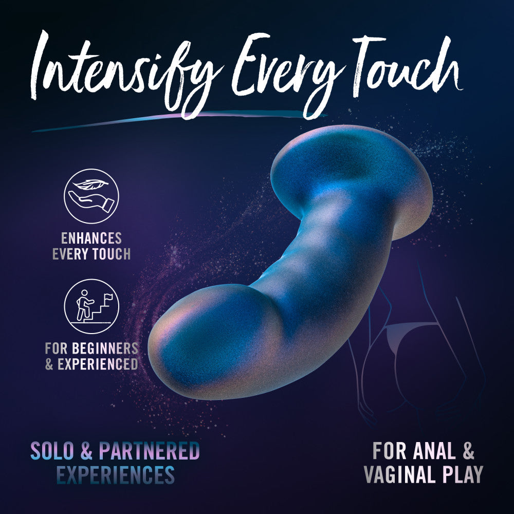 A shimmering blue strap-on-compatible dildo with a curved design, made from body-safe silicone for intermediate-level play.

Keywords: Temptasia Surrender Peg, intermediate pegging dildo, harness compatible, Puria silicone dildo, UltraSilk finish, G-spot stimulation, strap-on play, blue dildo, body-safe silicone, vaginal and anal dildo, intermediate-level toy