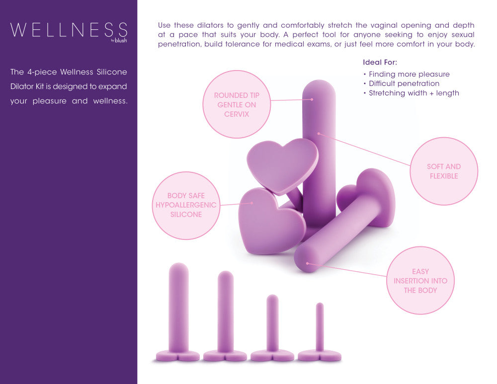 Blush Wellness Silicone Dilator Set, 4-piece progressive vaginal dilators with UltraSilk® smooth Puria™ silicone, heart-shaped bases, and rounded tips.
vaginal dilator set, progressive silicone dilators, UltraSilk dilators, Puria silicone dilator kit, hypoallergenic dilators, heart-shaped base dilators, comfortable vaginal dilators, Blush Wellness dilator set, vaginal health tools, smooth silicone dilators.