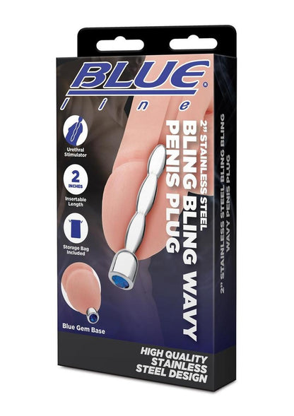 Blue Line Bling Bling Wavy Penis Plug 2in - Stainless - Steel  Keywords: Blue Line penis plug, wavy penis plug, stainless steel urethral plug, sparkling gem penis plug, urethral play, glamorous BDSM toys, 2-inch urethral stimulator, body-safe penis plug, durable urethral toy, bling penis plug.