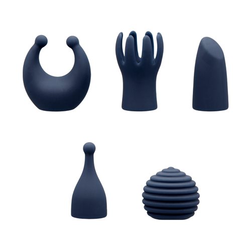 Blue bullet vibrator with rose gold accents and five silicone attachments in unique shapes, designed for targeted pleasure and versatile play. Keywords: bullet vibrator kit, Pillow Talk Secrets Desires, PowerBullet vibrator, silicone vibrator attachments, waterproof bullet vibrator, travel-friendly vibrator, rechargeable bullet vibrator, luxury vibrator set, versatile vibrator, rose gold bullet vibrator.