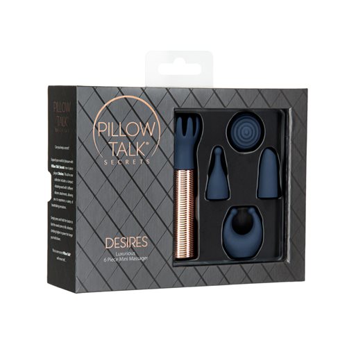 Blue bullet vibrator with rose gold accents and five silicone attachments in unique shapes, designed for targeted pleasure and versatile play. Keywords: bullet vibrator kit, Pillow Talk Secrets Desires, PowerBullet vibrator, silicone vibrator attachments, waterproof bullet vibrator, travel-friendly vibrator, rechargeable bullet vibrator, luxury vibrator set, versatile vibrator, rose gold bullet vibrator.