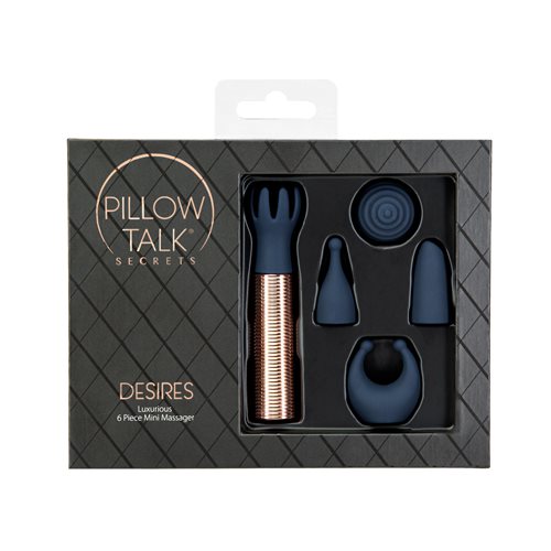 Blue bullet vibrator with rose gold accents and five silicone attachments in unique shapes, designed for targeted pleasure and versatile play. Keywords: bullet vibrator kit, Pillow Talk Secrets Desires, PowerBullet vibrator, silicone vibrator attachments, waterproof bullet vibrator, travel-friendly vibrator, rechargeable bullet vibrator, luxury vibrator set, versatile vibrator, rose gold bullet vibrator.