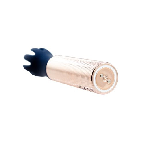 Blue bullet vibrator with rose gold accents and five silicone attachments in unique shapes, designed for targeted pleasure and versatile play. Keywords: bullet vibrator kit, Pillow Talk Secrets Desires, PowerBullet vibrator, silicone vibrator attachments, waterproof bullet vibrator, travel-friendly vibrator, rechargeable bullet vibrator, luxury vibrator set, versatile vibrator, rose gold bullet vibrator.