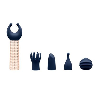 Blue bullet vibrator with rose gold accents and five silicone attachments in unique shapes, designed for targeted pleasure and versatile play. Keywords: bullet vibrator kit, Pillow Talk Secrets Desires, PowerBullet vibrator, silicone vibrator attachments, waterproof bullet vibrator, travel-friendly vibrator, rechargeable bullet vibrator, luxury vibrator set, versatile vibrator, rose gold bullet vibrator.