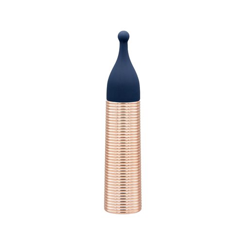 Blue bullet vibrator with rose gold accents and five silicone attachments in unique shapes, designed for targeted pleasure and versatile play. Keywords: bullet vibrator kit, Pillow Talk Secrets Desires, PowerBullet vibrator, silicone vibrator attachments, waterproof bullet vibrator, travel-friendly vibrator, rechargeable bullet vibrator, luxury vibrator set, versatile vibrator, rose gold bullet vibrator.