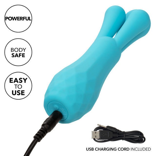 Gia™ Triple Teaser Blue silicone triple teaser vibrator with 12 vibration modes, waterproof design, USB rechargeable, and memory chip for personalized pleasure. triple stimulator vibrator, waterproof vibrator, USB rechargeable vibrator, 12-function vibrator, body-safe silicone, phthalate-free, travel lock, versatile vibrator, IPX7 waterproof toy.