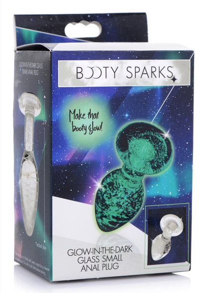 Booty Sparks Glow In The Dark Glass Anal Plug - Clear/Glow In The Dark - Small Glow-in-the-dark glass anal plug with swirl pattern, body-safe material, and temperature play compatibility.

glow-in-the-dark anal plug, borosilicate glass plug, Booty Sparks glass plug, temperature play anal toy, glowing butt plug, body-safe anal plug, small anal plug, medium anal plug, large anal plug, luminous glass toy, St. Patrick's Day anal plug