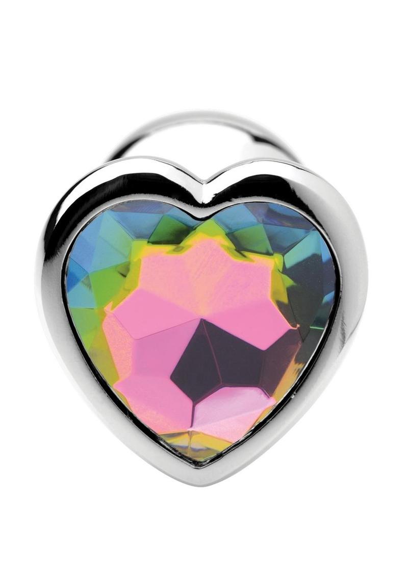 Heart-shaped rainbow gem butt plug, nickel-free aluminum alloy, available in Small and Medium sizes, smooth surface for comfort and temperature play.

