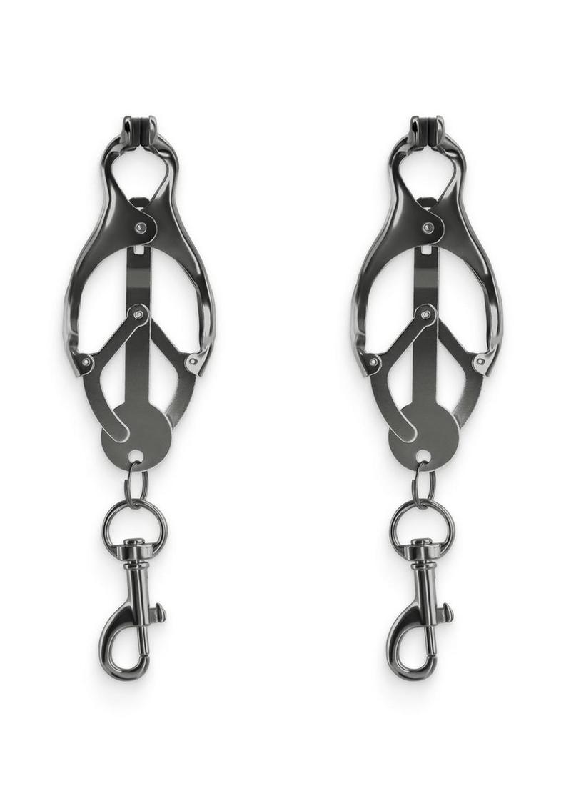 Bound Nipple Clamps C3 - Gray/Grey/Gun Metal/Metal Clover-shaped nipple clamps with pull-to-tighten design, nickel-free metal, and silicone tips for intense stimulation.
 Keywords: clover nipple clamps, pull-tight nipple clamps, nickel-free BDSM clamps, intense nipple play, silicone-tipped clamps, advanced nipple clamps, BDSM accessories, rose gold clamps, gunmetal nipple clamps, luxury nipple play tools.