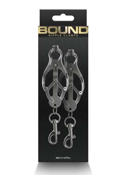 Bound Nipple Clamps C3 - Gray/Grey/Gun Metal/Metal Clover-shaped nipple clamps with pull-to-tighten design, nickel-free metal, and silicone tips for intense stimulation.
 Keywords: clover nipple clamps, pull-tight nipple clamps, nickel-free BDSM clamps, intense nipple play, silicone-tipped clamps, advanced nipple clamps, BDSM accessories, rose gold clamps, gunmetal nipple clamps, luxury nipple play tools.