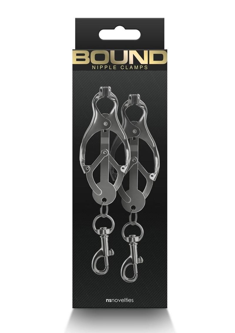 Bound Nipple Clamps C3 - Gray/Grey/Gun Metal/Metal Clover-shaped nipple clamps with pull-to-tighten design, nickel-free metal, and silicone tips for intense stimulation.
 Keywords: clover nipple clamps, pull-tight nipple clamps, nickel-free BDSM clamps, intense nipple play, silicone-tipped clamps, advanced nipple clamps, BDSM accessories, rose gold clamps, gunmetal nipple clamps, luxury nipple play tools.